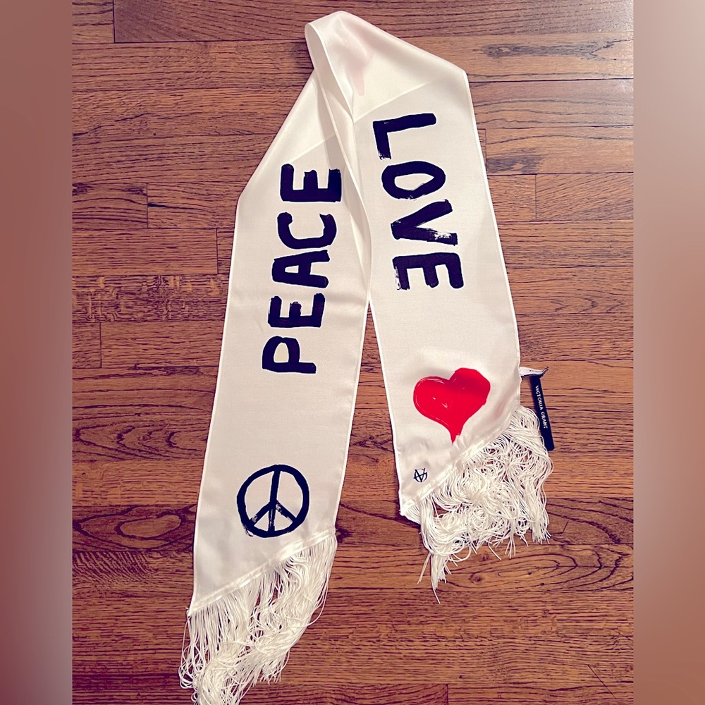 Victoria Grant Fringed White Silk Scarf with “Love & Peace” Design. NIB